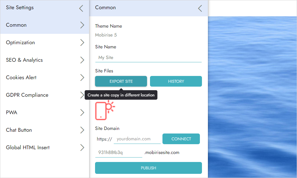 To open your site in the app, you should import your 'project.mobirise' file.